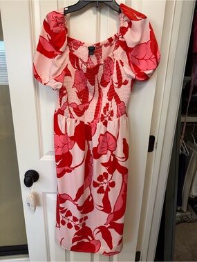 Ann Taylor Factory Pink and Red Floral Smocked Midi Dress